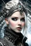 Placeholder: Beautiful faced young blond winter queen biomechanical woman, wearing silver goth punk metallic filigree floral face masque, adorned with goth punk silver metallic diadem headress, wearing biomechanical amalgamation style leather jacket dress ribbed with silver floral metallic filigree biomechanical vantablack pattern, organic bio spinal ribbed detail of gothic winter snowy backround extremely detailed maximalist hyperrealistic portrait