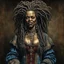 Placeholder: full body colored etching of an aged ornately dressed, malevolent, predatory voodoo female vampire l from the French West Indies with highly detailed beaded dreadlock hair and facial features ,in the style of Rembrandt, Gian Lorenzo Bernini, and Johannes Vermeer, with a fine art aesthetic, highly detailed , realistic , 4k UHD