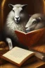 Placeholder: one black sheep reads a book on other site white sheep herd sleep