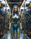 Placeholder: potrait full body cinematography colors a beautiful face woman long hair humanoid robot mechanical walking in between two rows of complex machinery with vibrant colors