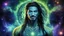 Placeholder: beautiful gorgeous young man na'vi with long hair, Avatar, blue skin, two small ears, green eyes, black hair, in cosmic suit, galactic ambiance, medium pointy goatee , smiling, nebulas and sacred geometry light figures on the backgroud,