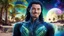 Placeholder: beautiful gorgeous young man na'vi with long hair, Avatar, blue skin, two small ears, green eyes, black hair, in cosmic suit, galactic ambiance, medium pointy goatee , smiling, with spaceship and planets and palm trees and clear crystaline cosmic beach in background