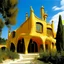 Placeholder: A golden yellow university made out of wood painted by Salvador Dali