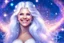 Placeholder: very beautiful cosmic women with white long hair, smiling, with cosmic silver dress and brightly earings. in the background there is a bautiful sky with stars and light beam