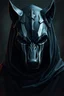 Placeholder: Fantasy cultist wearing elegant mechanical black wolf mask with three white stripes painted on the mask and black cloak. airbrush painting art style