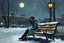 Placeholder: Painting of a lonely young woman . snowy night. sitting on a park bench. cityscape. full moon. night time oil painting. expressive brush strokes. solitude. pensive mood. Urban Melancholy