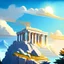 Placeholder: mount olympus from the greek mythology. High up in the mountains. Illustration. Cloudy. Sun behind the temple of ZEUZ.