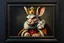 Placeholder: king troll mouse rabbit in style of Rembrandt and Fallout 4, with motion blur, all on a painting on wall with black wooden frame and with black wall background