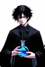 Placeholder: black hair, blue eyes,19year old, male, wearing black robes, alchemist, holding a flask full of blue liquid, in the style of Harry Clarke