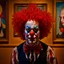 Placeholder: A clown with a make-up face, red nose and colorful curly hair stands in a museum in front of a huge picture with a golden frame of a clown who looks just like him shedding tears, the tears flow out of the picture and drip onto the floor of the museum, inspired by Art Frahm, surreal art, extremely high quality artwork, in the gallery for art, Cyril Rolando and M. w kaluta, cyril rolando and m.w kaluta, realistic art, amazing art, realism art style, inspired by Mads Berg, trendy artwork