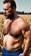 Placeholder: full body shot photography of a relaxing tired burly beefy neapolitan farmer 50 years old under the sun sitting down in a wheat field, dirty, ugly, manly chest, sweat, with the shirt open, boxer, bulge, view from the ground, 35mm lens , misery and poverty, countryside,