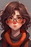 Placeholder: a soft boy. grey eyes. long eyelashes. thick fluffy messy wave style hair. shoulders length hair. hair frames face. hair hides eyes partially. hair color is a dark brown orangish color, with orange tips. big rounded glasses that have a slightly rosy tint to them. Bandaid on nose and star stickers on cheek.