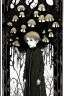 Placeholder: 7 year old boy, friendly, looks dead, with weird mushrooms growing out of him, wearing black robes, in the style of Harry Clarke