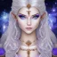 Placeholder: cosmic mage, elf, female, cosmic magic, long ears, white hair, face details, pale skin, jewellery, broad shoulders, sharp ears, cosmic clothes, cosmic eyes, ears shown, the cosmos in eyes, shining eyes, thin face, detailed ears, magical eyes, closed mouth, make up, smiling face, happy face, pointy ears