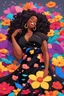 Placeholder: A sassy thick-lined vibrant cartoon art style cartoon black female lounging lazily on her side, surrounded by colorful large flower petals. her curvy body silhouette a black maxi dress. Looking up coyly, she grins widely, showing teeth. Her poofy hair forms a mane framing her confident, regal expression.