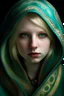 Placeholder: Picture a porcelain beautiful woman with soft features, thick blonde bob length hair. She has blue-green eyes. She has war paint on her face and wearing a hood which covers most of her face