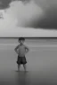 Placeholder: desaturated oil painting of boy on beach, old clothes, dark storm clouds overhead, gloomy, bleak, little fires