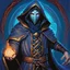 Placeholder: 90's fantasy tcg art of a hooded man with a spiral mask in a blue circus