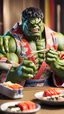 Placeholder: a hulk eating sushi with chopsticks, wearing a colorful kimono, 8k