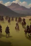 Placeholder: renaissance painting of mounted knights galloping across an open field, swords in hand, mountains in distance