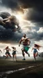 Placeholder: Giant man with wings kidnapped and Cary some women other women are running away from the giant hi resolution picture with cloudy storms and lightning