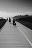 Placeholder: a group of woman walking along a path that winds towards the top of a mountain, it is summer, the sea in the background photography taken with a Leica camera and 50mm lens, real photography in black and white, nostalgia