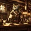 Placeholder: A khajiit dressed in rags with brown spotted fur in a medieval fantasy tavern