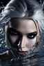 Placeholder: A beautiful Goth girl, dark black makeup, dark under eyes, white hair, action image of her braking water surface, freedom, dramatic, highly detailed, 8k, abstract