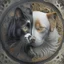 Placeholder: Cat and dog, yin-Yang, hyper detailed, realism, realism vibe, fractals, intricated details, hyper defined, photorealisticù