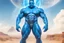 Placeholder: A majestic full-body portrait of a powerful Cosmic Spirit manifested as a large, tall man with vibrant glowing blue skin. He has a strong, muscular and imposing yet graceful physique. His face has soft, wise and deeply loving features with a gentle, sweet gaze looking directly at the viewer. Warm, welcoming and embracing posture with arms slightly open. He is standing immersed in magical luminous blue water that sparkles with brilliant light rays and reflections. The background is a breathtaking