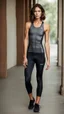 Placeholder: photography of a beautiful anorexic woman, anthracite satin triathlon top, sports illustrated, brunette short wavy bob haircut, pronounced sternum, flat chest, anthracite short leggins