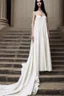 Placeholder: A very long wedding dress similar to Greek dresses with long black hair Photorealistic