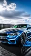 Placeholder: A new model bmw is having washing service, water and foam allover, vintage, dark, outdoor view, sky with clouds,