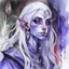 Placeholder: dnd, fantasy, watercolour, large strokes, stylistic, portrait, illustration, dull colours, woman, dark elf, drow, face, narrow long face, cruel face, cold demeanor, purple eyes, piercing eyes, vicious expression, white hair, very long hair streaming down the shoulders, lush hair, elegant, short small mouth, cruel smile