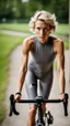 Placeholder: photography of a beautiful anorexic woman, grey satin triathlon top, sports illustrated, blond short wavy bob haircut, pronounced sternum, flat chest, anthracite cycling leggins