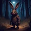 Placeholder: Bipedal creature resembling a rabbit with dark brown bark-like skin and fur with a extra eye on forehead in a forest at night in cell shade art style