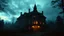 Placeholder: A strange, misty hotel in the middle of the woods, abandoned, with faded Victorian architecture and dimly lit windows, stands ominously under a cloudy twilight sky., In the dark night, photo real, 8k, cinematic, this poster incorporates rich cinematic color grading reminiscent of Kodak Porta 400 and Cinestill 800 films, shot through a Leica M10 lens, with a cinematic image of high contrast.