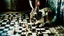 Placeholder: abstract painting, A wild rabbit is wreaking havoc on the chessboard, Ink combinated Analogue film photo, 1950s, candid, retro analog, 35mm film, film grain,