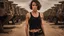 Placeholder: beautiful slender caucasian female technician, black tank top, well toned muscles, weathered face, scratched sand camo metal details, short brunette wavy bob haircut, dystopian, desert scene, bloody wounds, explosions in background, wounded by gunfire