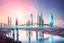 Placeholder: Dreamlike Skyline of Downtown futuristic hightech city in 4050 and a stunning futuristic Bridge During Sunlight with dark grey clouds in sky, over the azur-silver color river, cold colors, come storm, high detalied, sci-fi, landscape