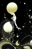 Placeholder: Kay Nielsen, Joan Miró, Surreal, mysterious, strange, fantastical, fantasy, Sci-fi, Japanese anime, miniskirt beautiful girl putting a full moon in her trunk, perfect voluminous body, detailed masterpiece