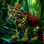 Placeholder: Create a surreal digital painting of an ocelot, seen from the side, whole body, heraldic and with a jungle background, in the style of Max Ernst. Modifiers: digital painting intricate beautiful high detail hyperrealistic high definition crisp quality colourful surreal alcohol ink Haunted Nature