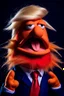 Placeholder: a Film Photograph of a realistic angry orange Donald Trump Muppet made of felt and fur wearing a dark blue suit and red tie and with blonde hair combover, he is old and angry