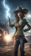 Placeholder: flashy magazine cover illustration, fallout 4 docks setting, horror weird cowboy wizard alien in female garments,holding bright flashlight, getting hit by lightening electric arc, with big disturbed eyes,bokeh like f/0.8, tilt-shift lens 8k, high detail, smooth render, down-light, unreal engine, prize winning