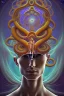 Placeholder: Spiritual being with Tentacles over human Head creating reality around, wrapping Spiral around Human, Psychedelic