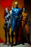 Placeholder: 1970's dark fantasy cover dnd style oil painting of the x-men with sport outfits with minimalist far perspective. Magazine.