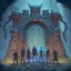 Placeholder: The Gate: A group of adventurers stands before a towering, otherworldly gate adorned with ancient runes. The gate is partially open, revealing a glimpse of a strange and terrifying dimension beyond.