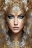 Placeholder: Beautiful face of European woman with voidcore shamanism collage metallic filigree abstract, a portion of her face is art decaden embossed florql t angel , and a portion of her face is stylish flowers metallic filigree foulard print, a portion of her face is gold wooden filigree tqttooed and a portion of her face Is palimpsest stripes, degrade print fantasy background, masterpiece, portrait