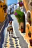 Placeholder: donkey on a path in Thira, Greece, baskets with vegetables on his back, cobblestone pavement, hyper realistic, detailed, accurate, beautifully ornamented houses, open aperture, style Isabel Kreitz