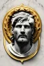 Placeholder: Ultra Realistic image, Roman sculpture, white marble material, Lionel Messi, gold Laurel leaves wreath, renaissance ornaments, radial gold lines, one gold star in heart, radial composition, geometric ornaments, blue marble background, chisel style, waist up portrait, emperor style, epic, celestial, cinematic lighting, God light, god rays, 4k resolution, smooth details, ornate details, soft lighting, unreal engine 5, art station, substance 3d.